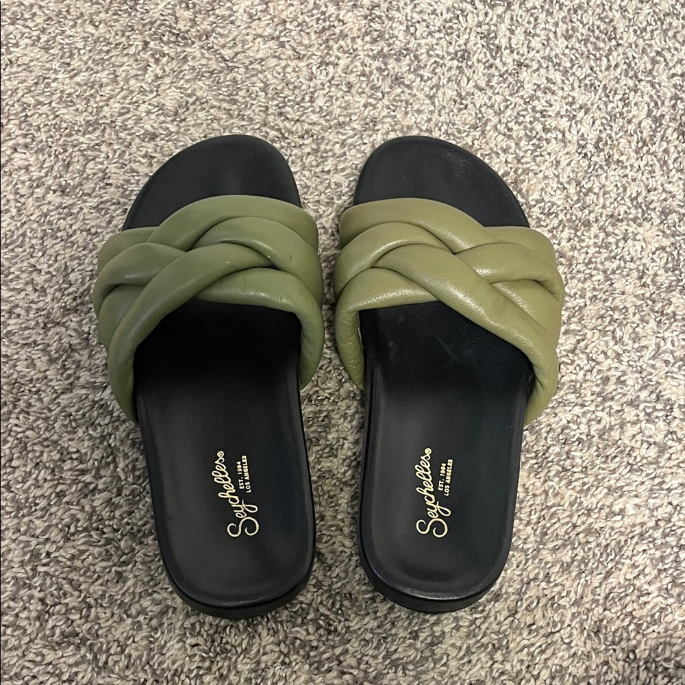 Women's Olive Leather Slide Sandals